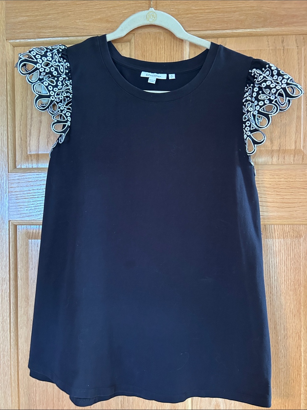Chico's Black Tank with White Embroidered Flutter Sleeves. Size Chico’s 2.
